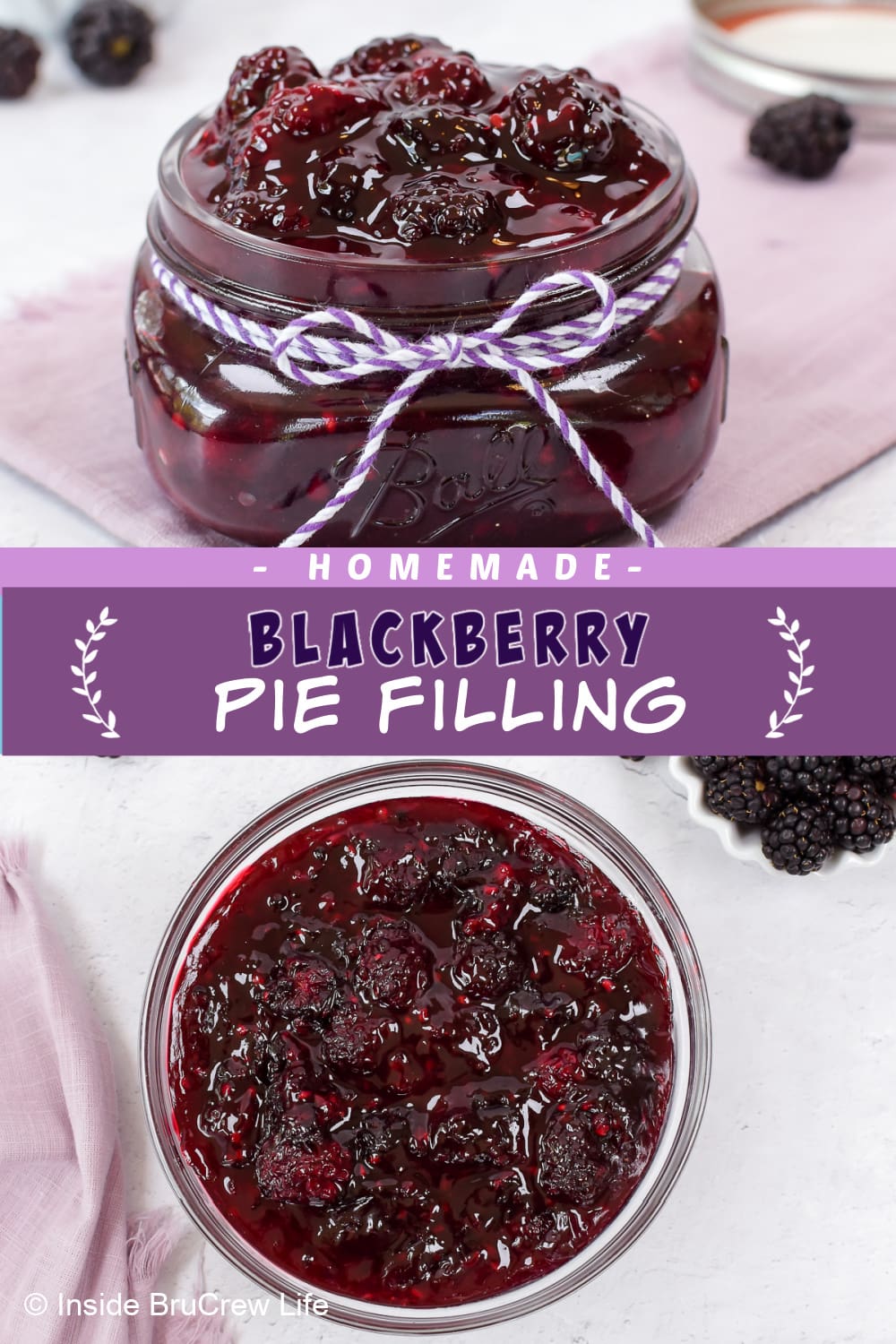 Two pictures of pie filling collaged together with a purple text box.