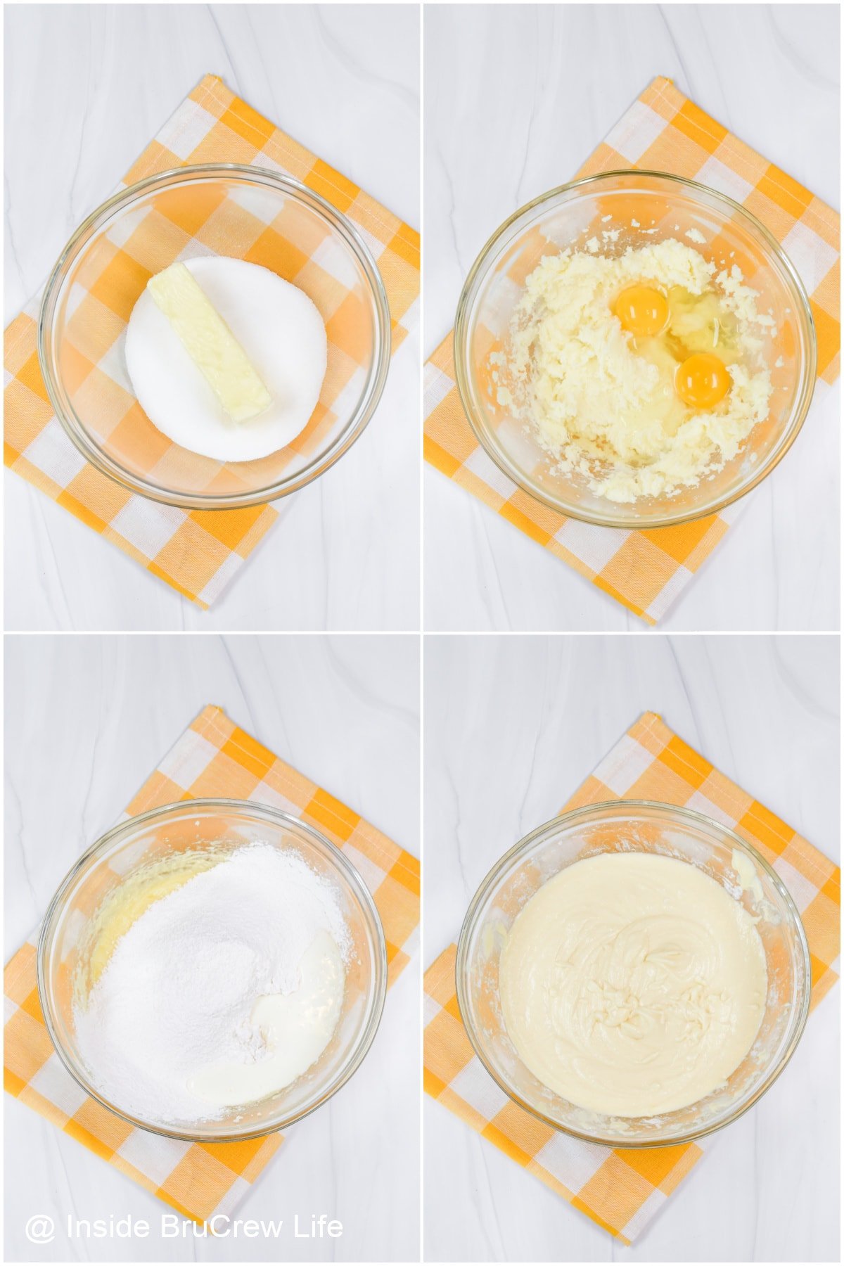 Four pictures collaged together showing how to make cake batter.