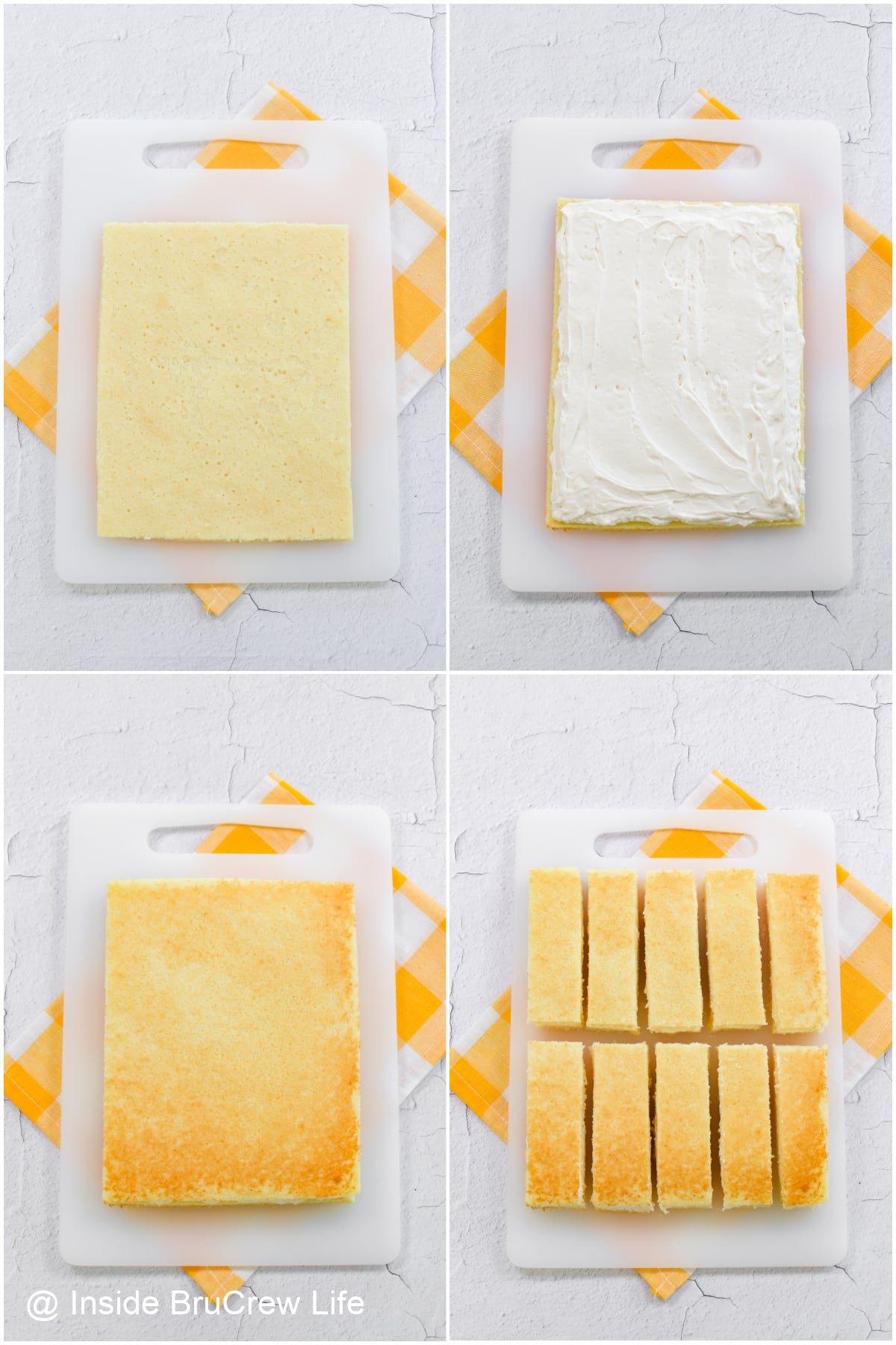 Four pictures collaged together showing how to frost and cut snack cakes.