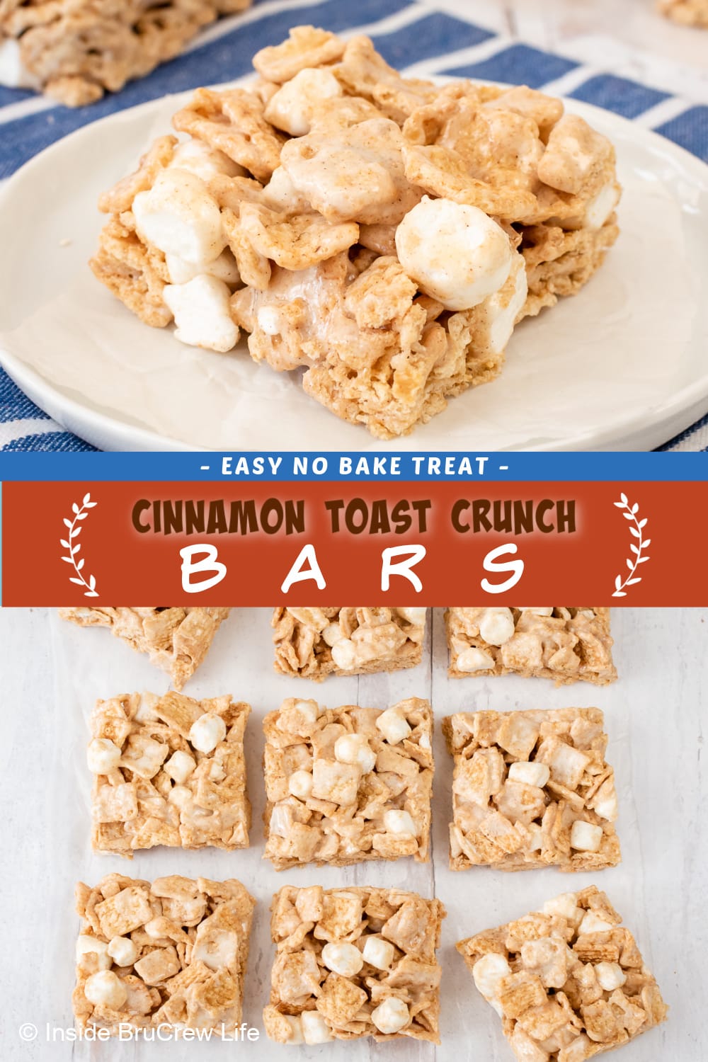 Two pictures of marshmallow cereal treats collaged together with a brown text box.