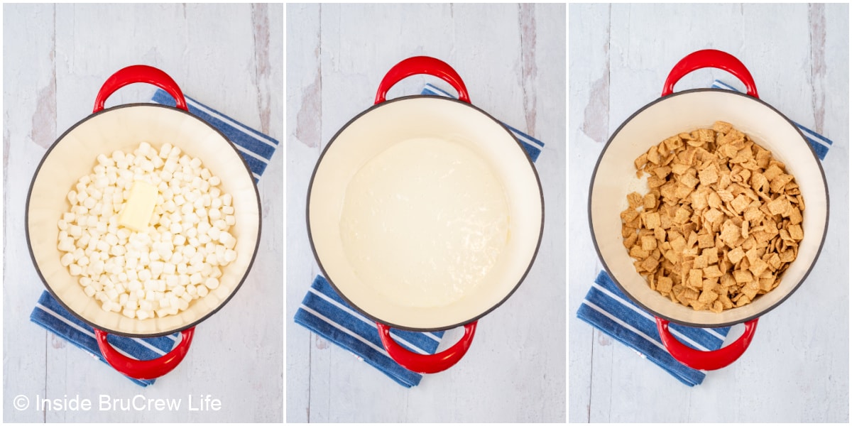 Three pictures collaged together showing how to melt marshmallows in a pan.