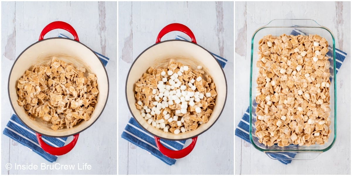 Three pictures collaged together showing how to make marshmallow cereal treats.