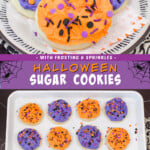 Two pictures of sugar cookies with a purple text box.
