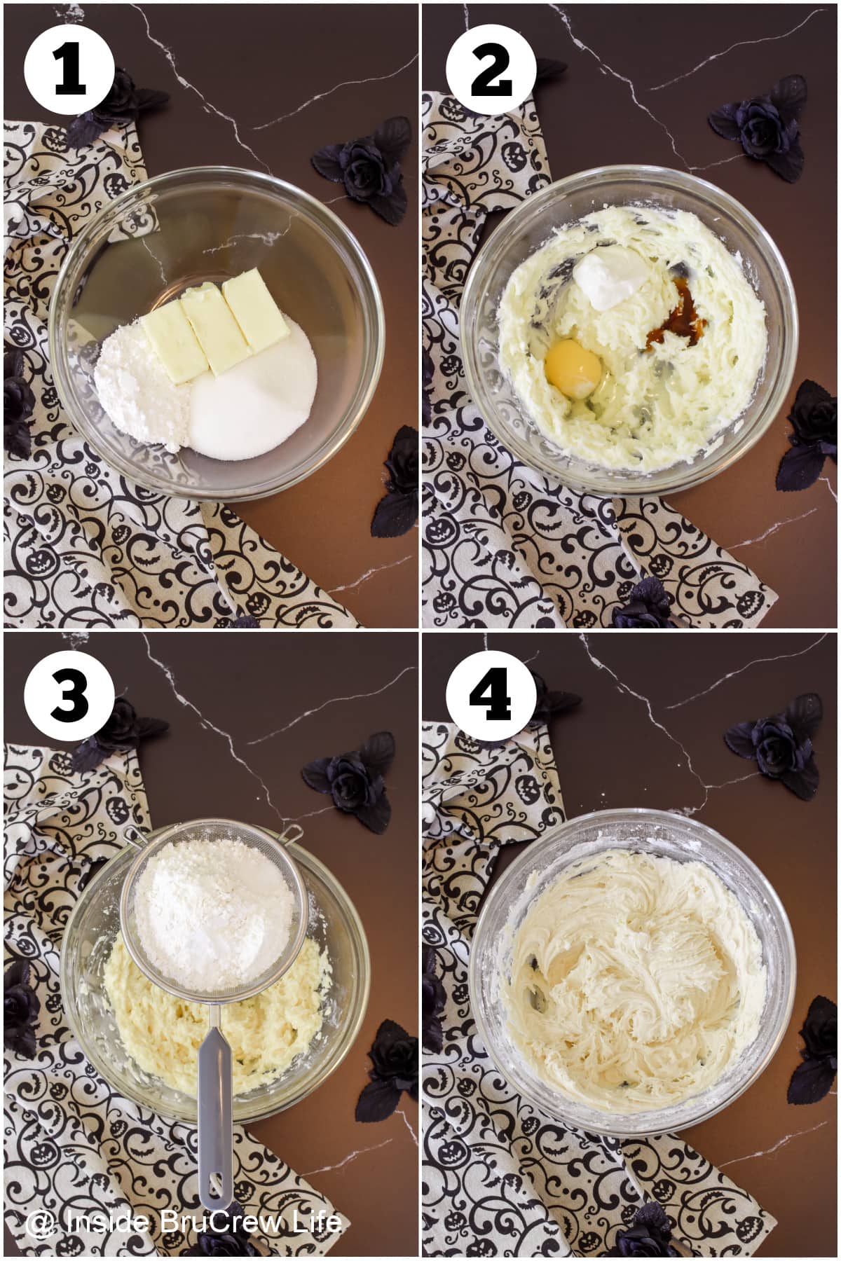 Four pictures together showing how to make cookie dough.