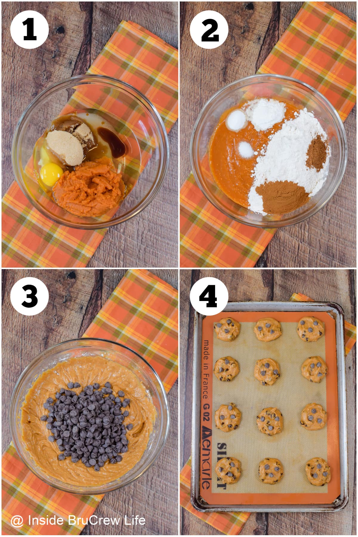 Four pictures collaged together showing the steps to making pumpkin cookie batter.