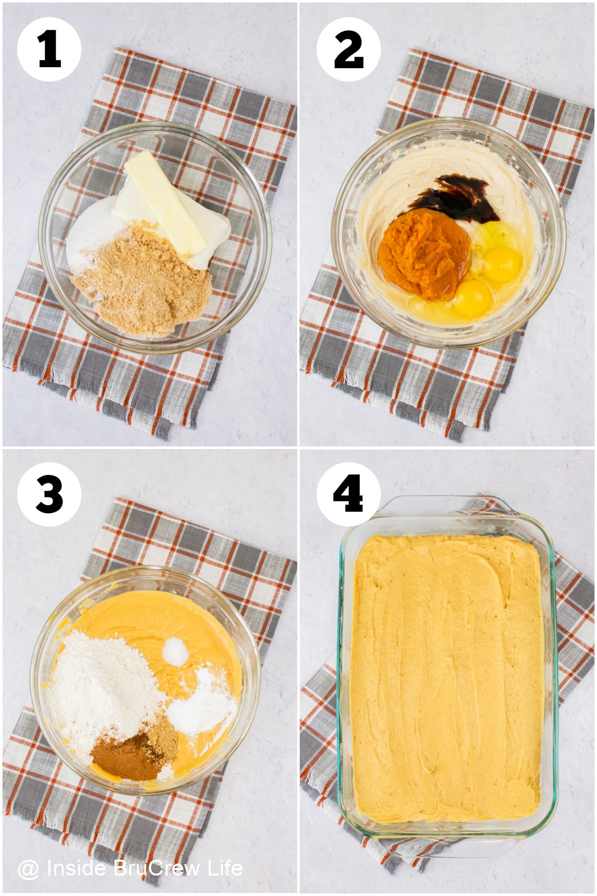 Four pictures collaged together showing how to make pumpkin coffee cake batter.