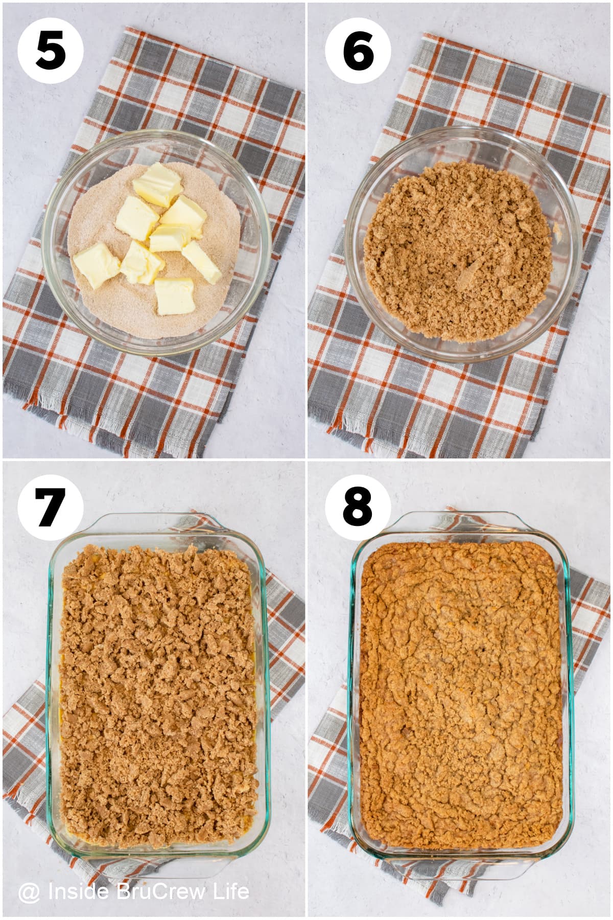Four pictures collaged together showing how to add streusel to a coffee cake.