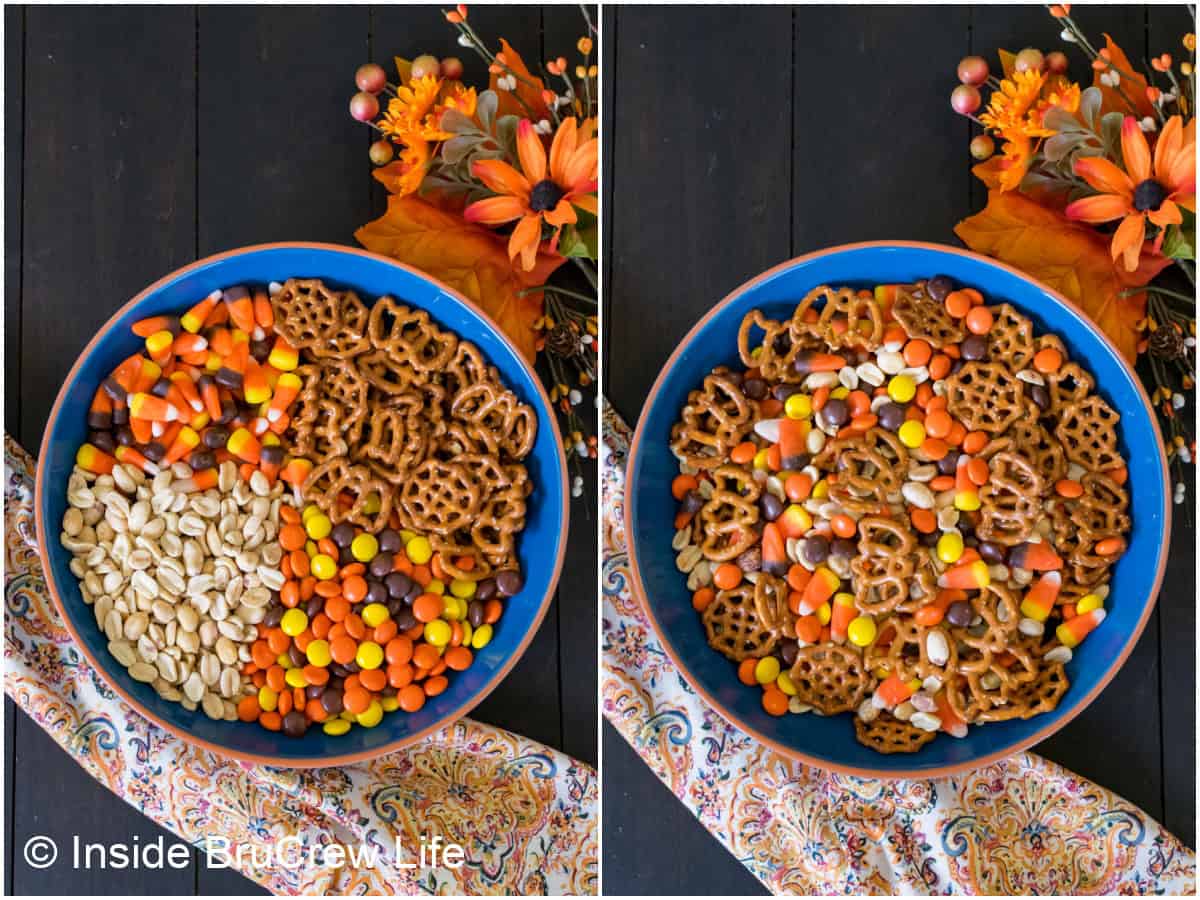 Step by step pictures showing how to mix a candy corn snack mix in a bowl.