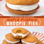 Two pictures of pumpkin whoopie pies with an orange text box in between.