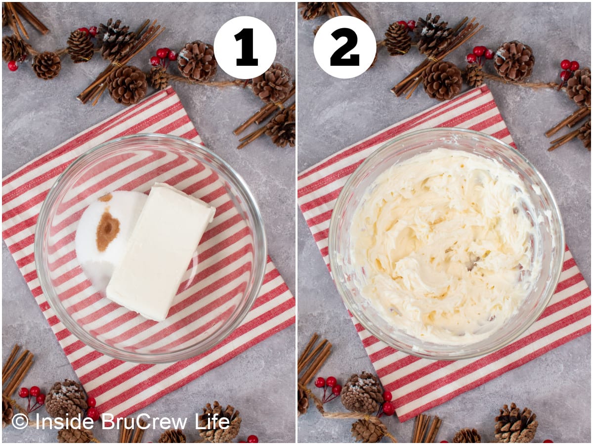 Two pictures showing how to make a cream cheese filling.