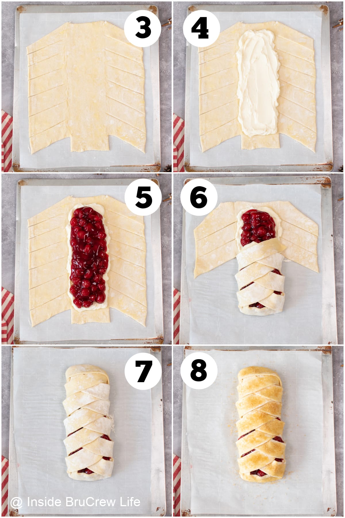 Six pictures collaged together showing how to make a braid with puff pastry.