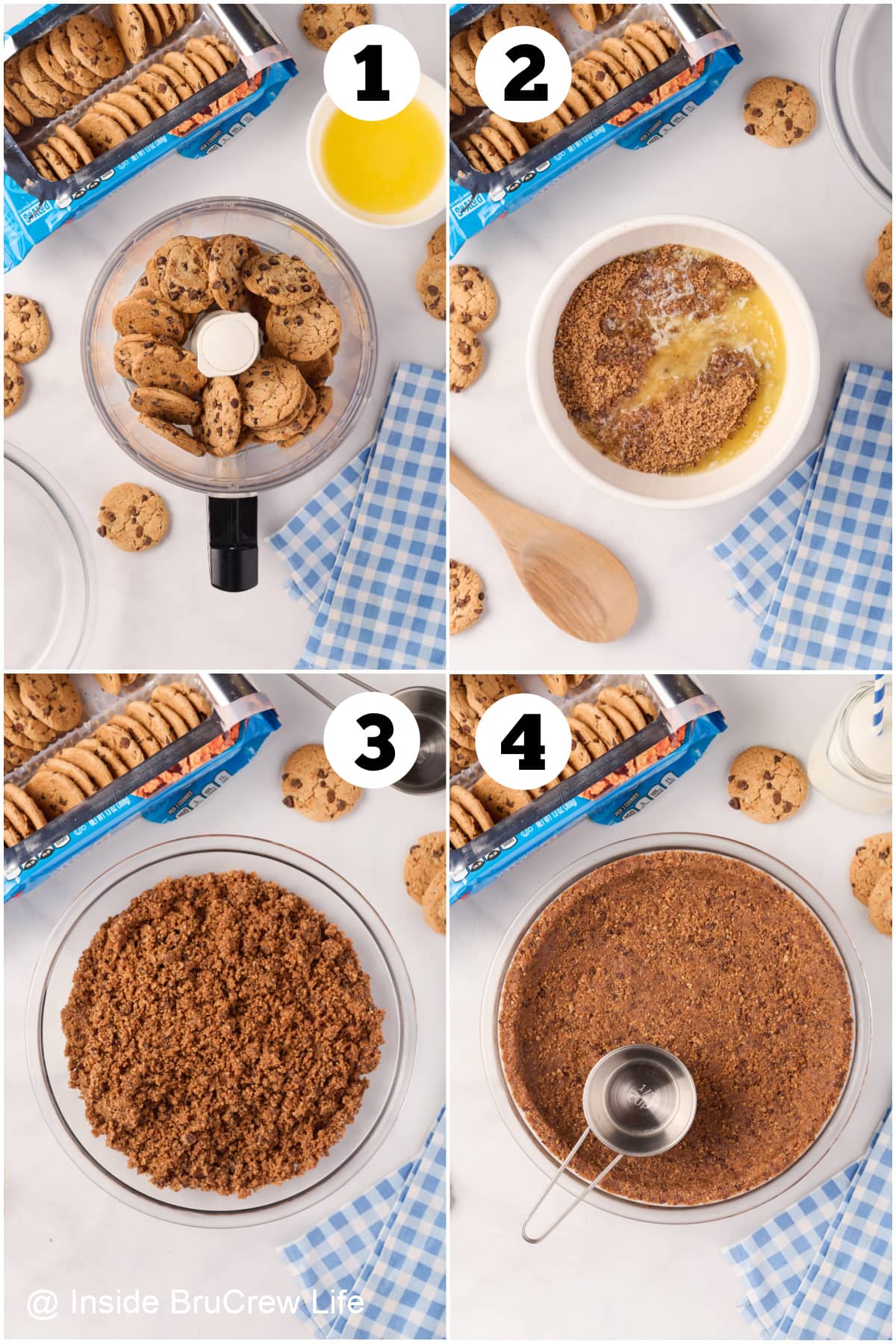 Four pictures collaged together showing how to make a pie crust out of chocolate chip cookies.