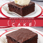 Two pictures of Dr. Pepper cake collaged together with a burgundy text box.
