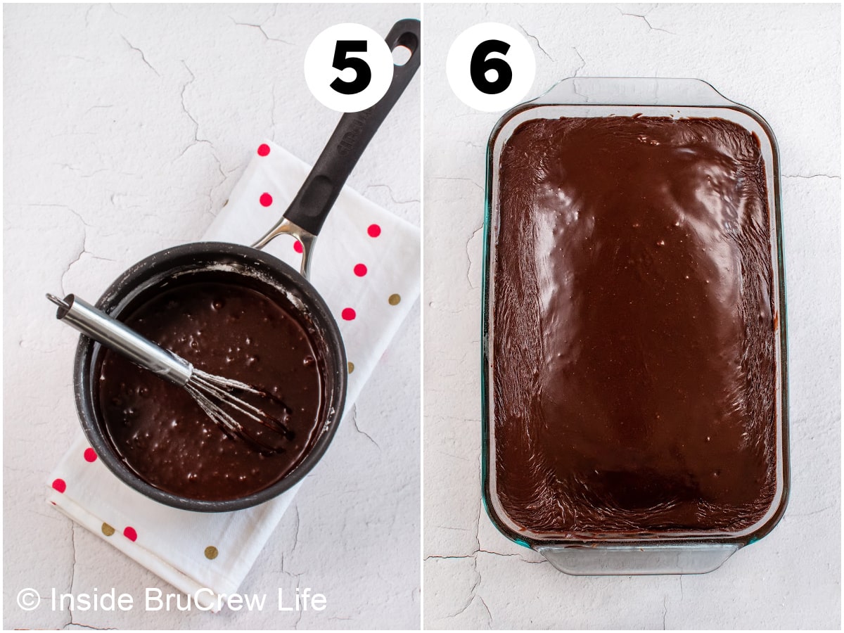 Two pictures of boiled frosting and a chocolate cake.