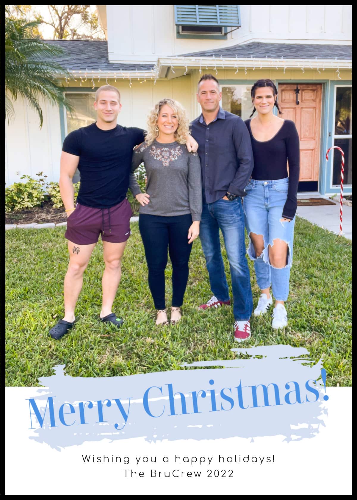 Family Christmas card picture with text.