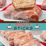 Two pictures of glazed donuts with a teal text box.