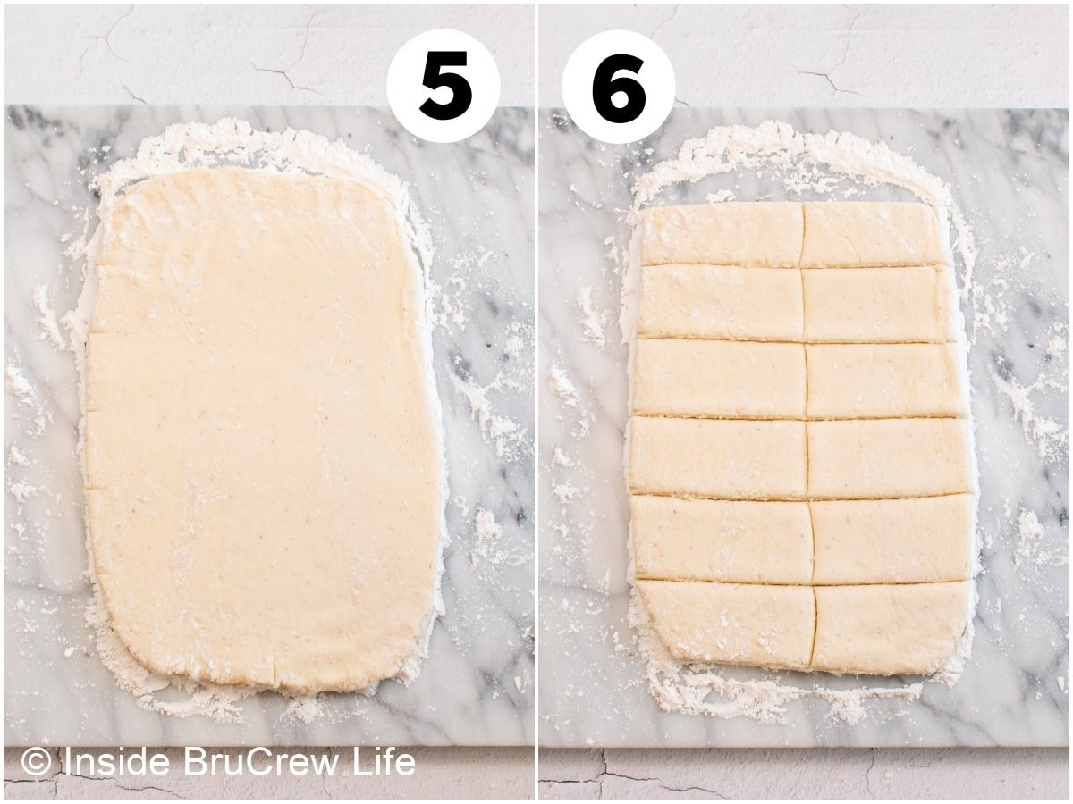 Two pictures collaged together showing how to roll out dough for fried donuts.