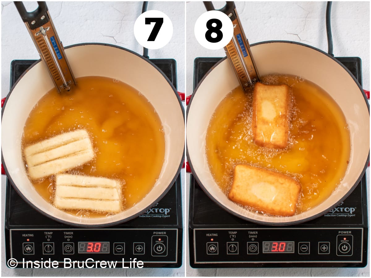 Two pictures collaged together showing how to fry donuts in hot oil.