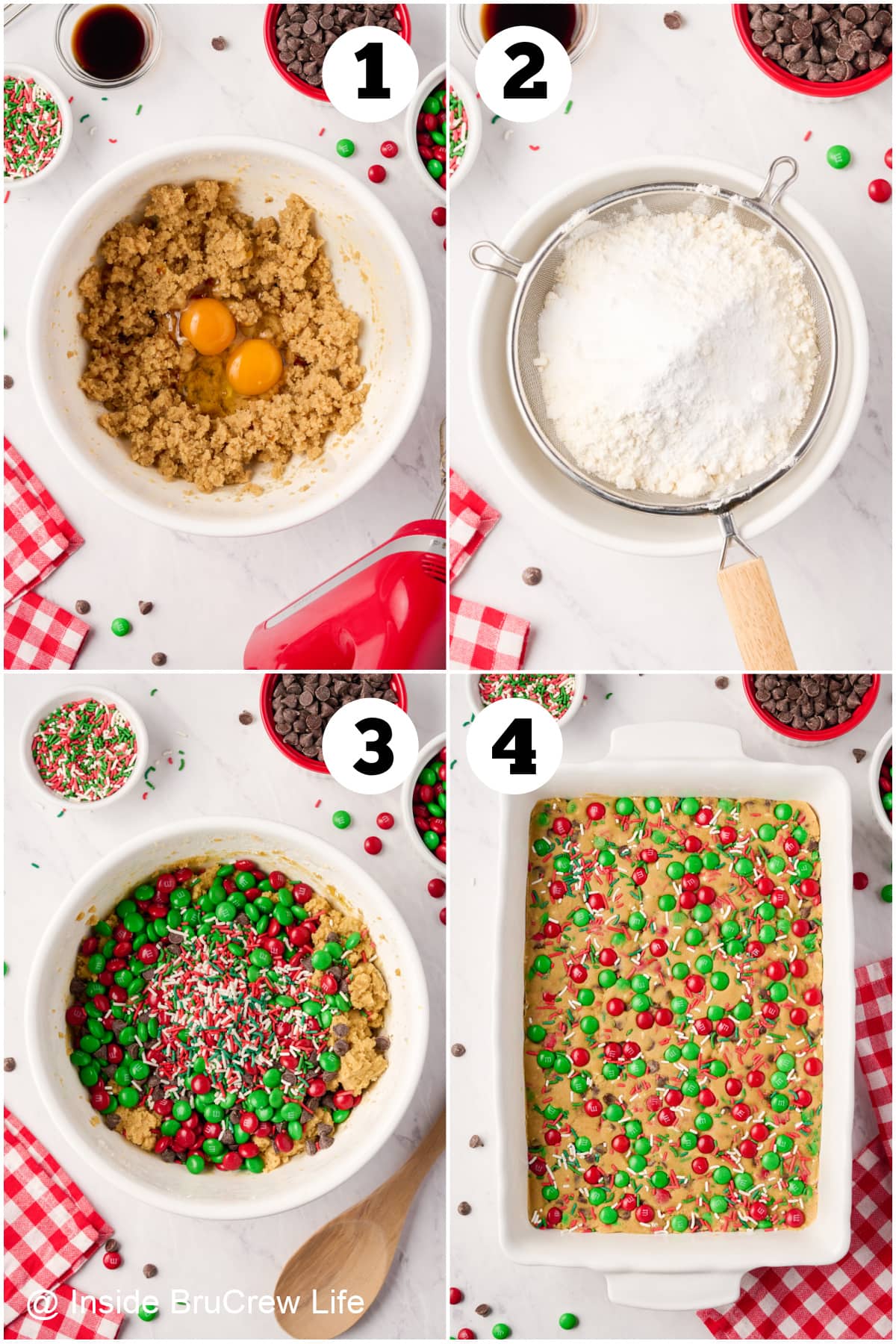 Four pictures collaged together showing how to make holiday blondies.