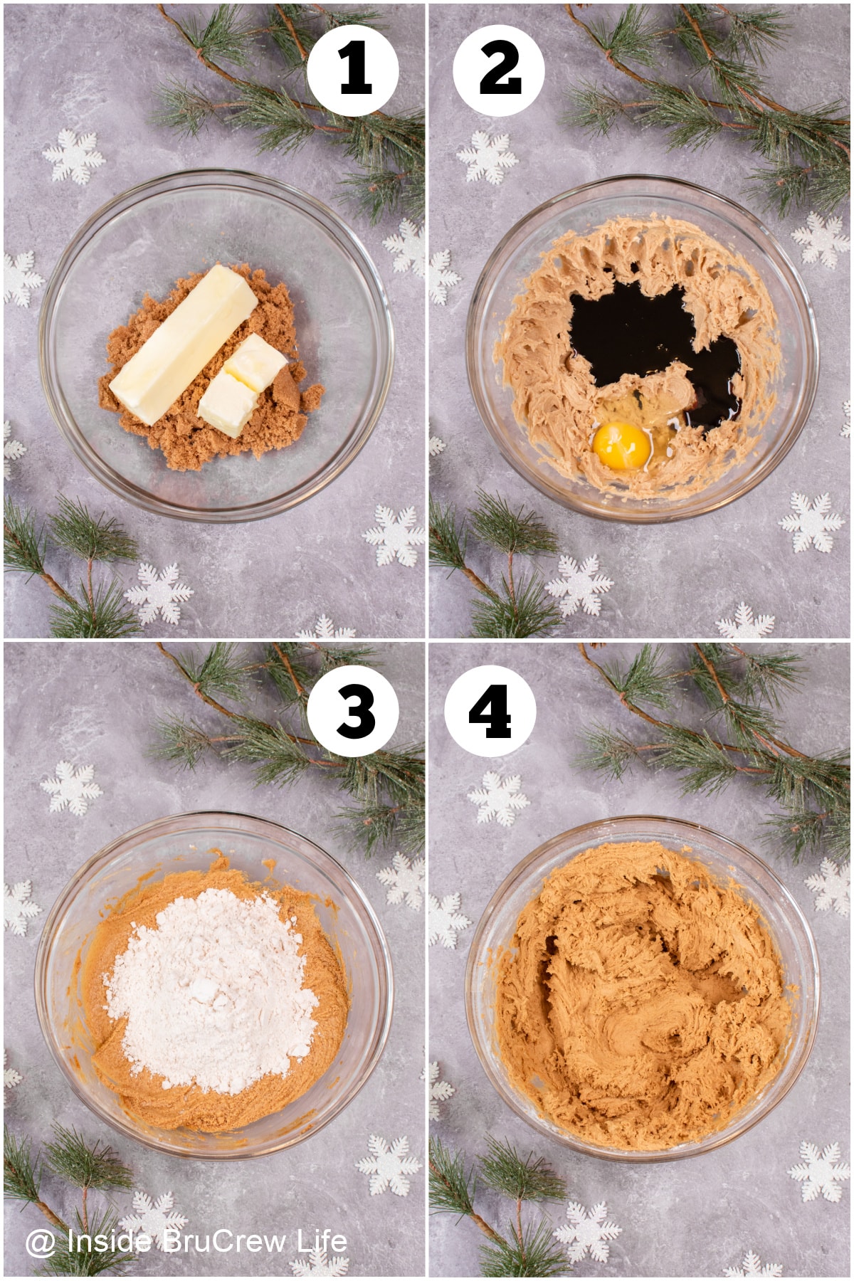A collage of 4 pictures showing how to make gingerbread dough.