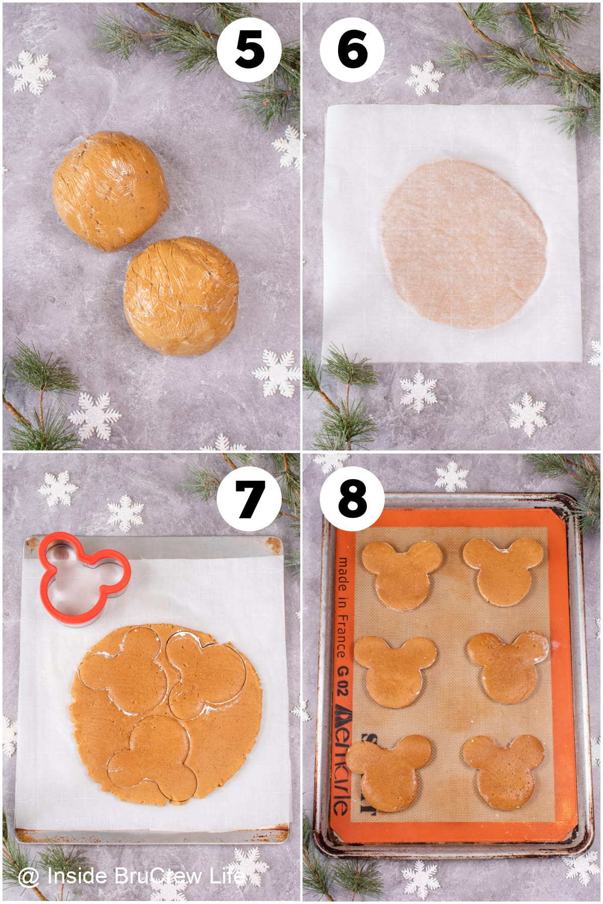 A collage of 4 pictures showing how to roll and cut gingerbread.