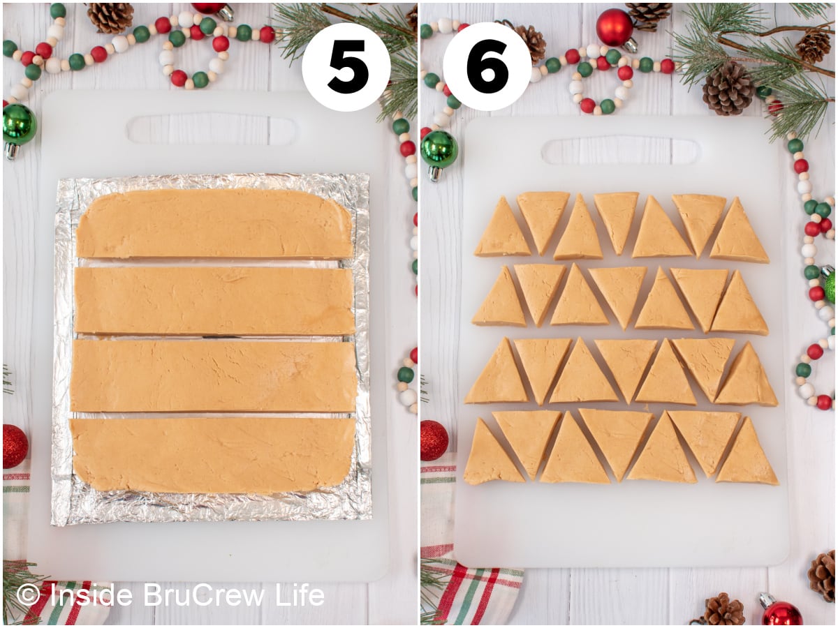 Two pictures showing how to cut Reese's peanut butter trees.