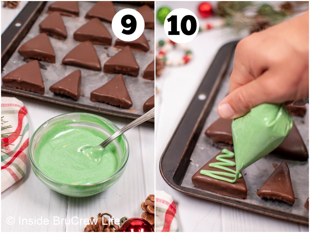 Two pictures of green chocolate drizzling on peanut b