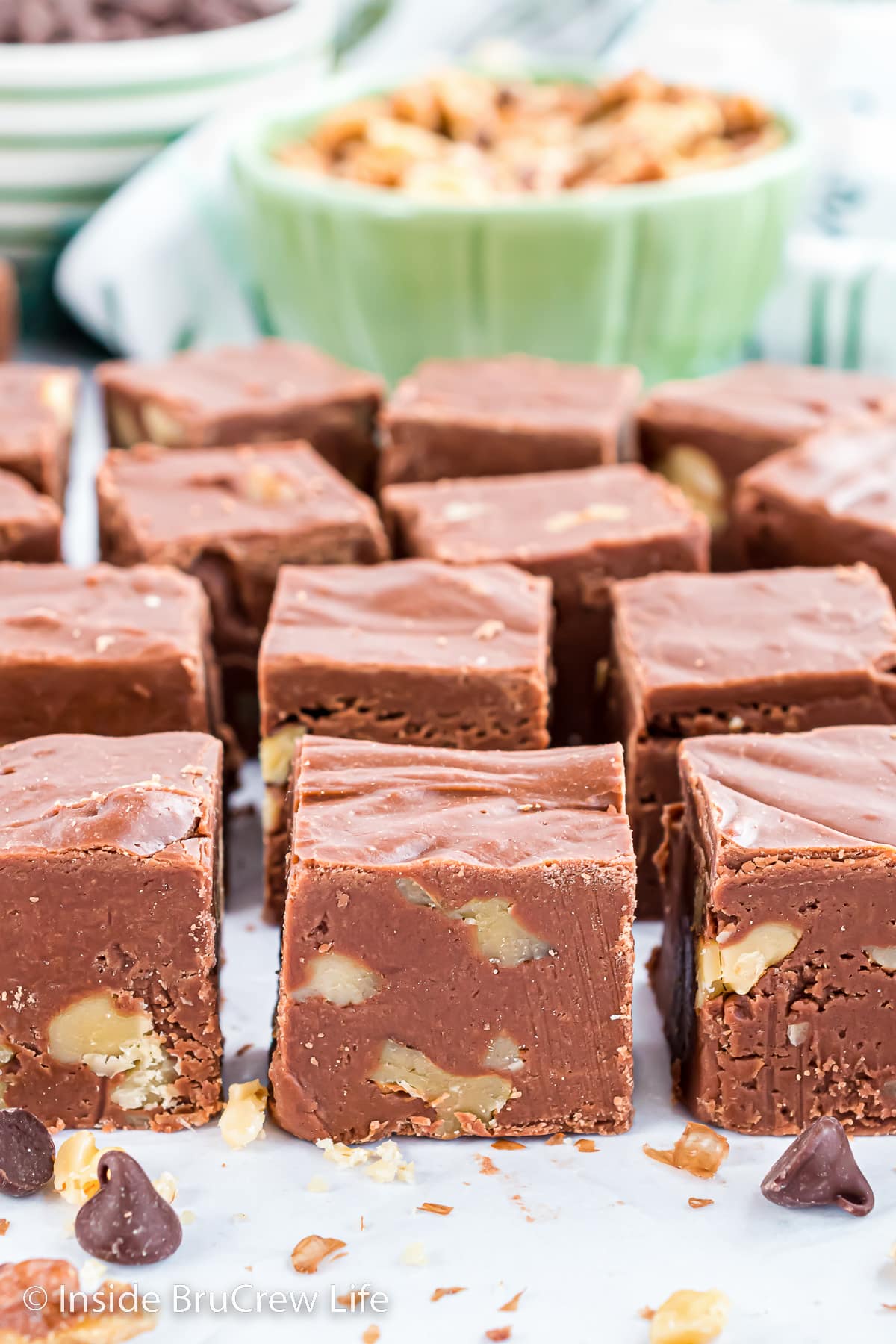 Squares of chocolate fudge with walnuts lined up on a white table.