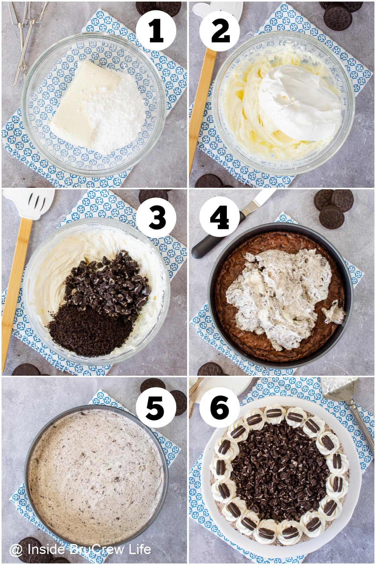Six pictures collaged together showing how to assemble an Oreo dessert cake.