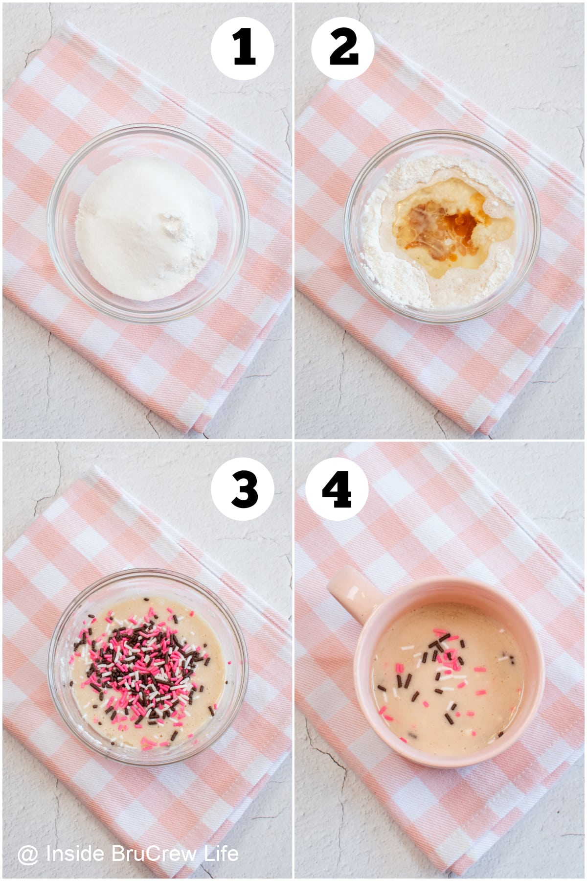 Four pictures collaged together showing how to make a mug cake.