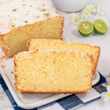 Slices of tropical pound cake with glaze on a white plate.