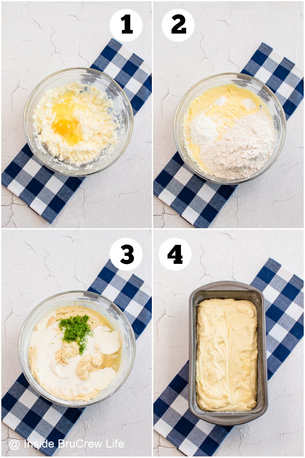 Four pictures collaged together showing how to make pound cake batter.