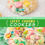 Two pictures of lucky charms cookies with a green text box.