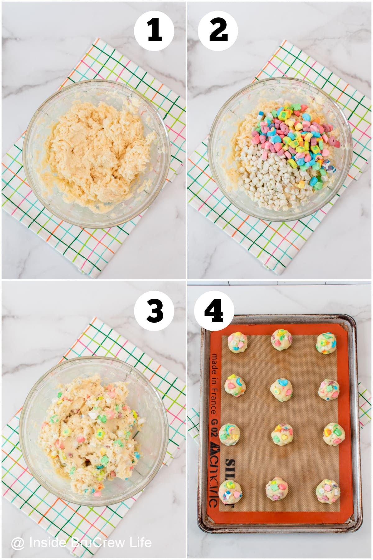Four pictures showing how to make cake mix cookies.