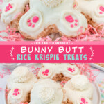Two pictures of bunny rice krispie treats with a pink text box.