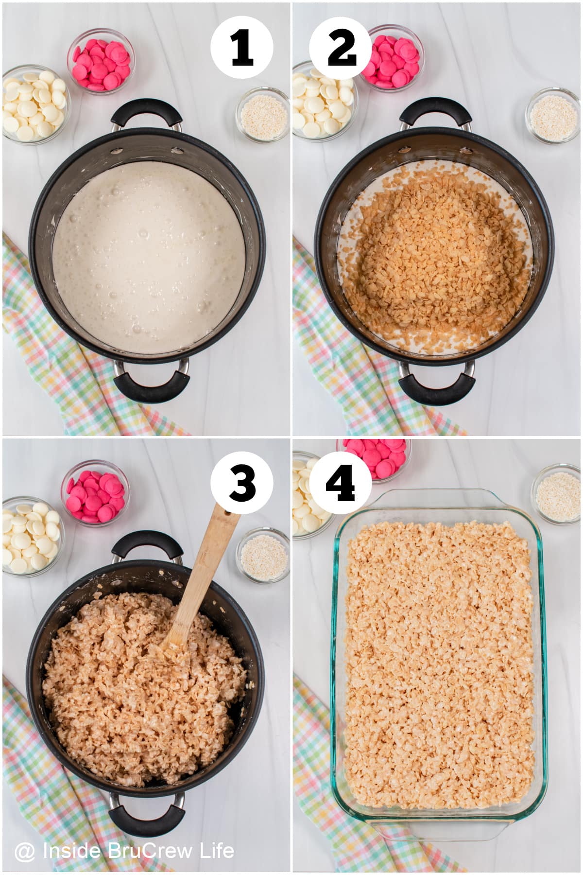 Four pictures collaged together showing how to make a pan of rice krispie treats.