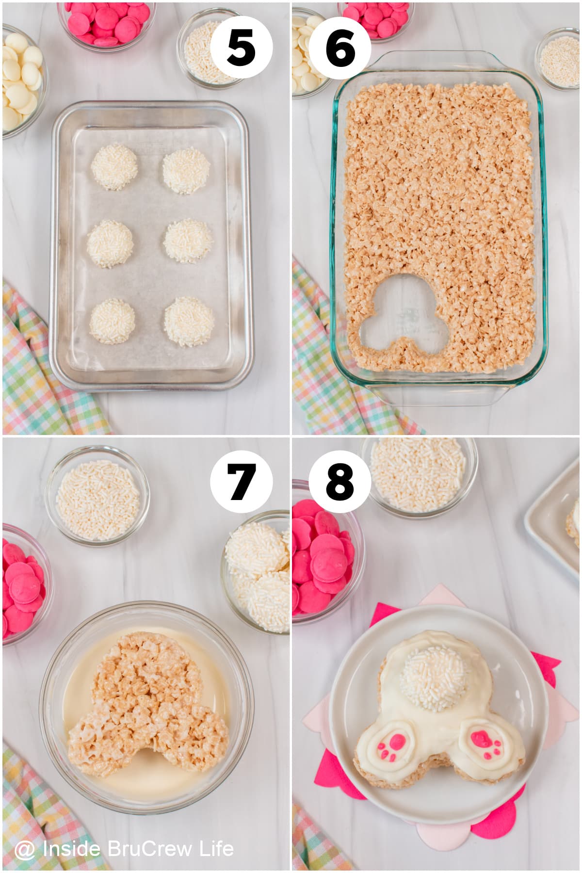 Four pictures collaged together showing how to make bunny butts with rice krispie treats.