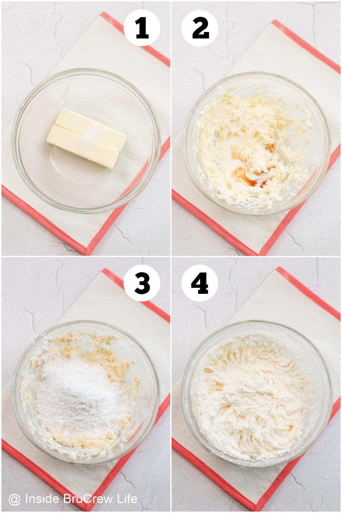 Four pictures showing the steps for making a coconut buttercream frosting.