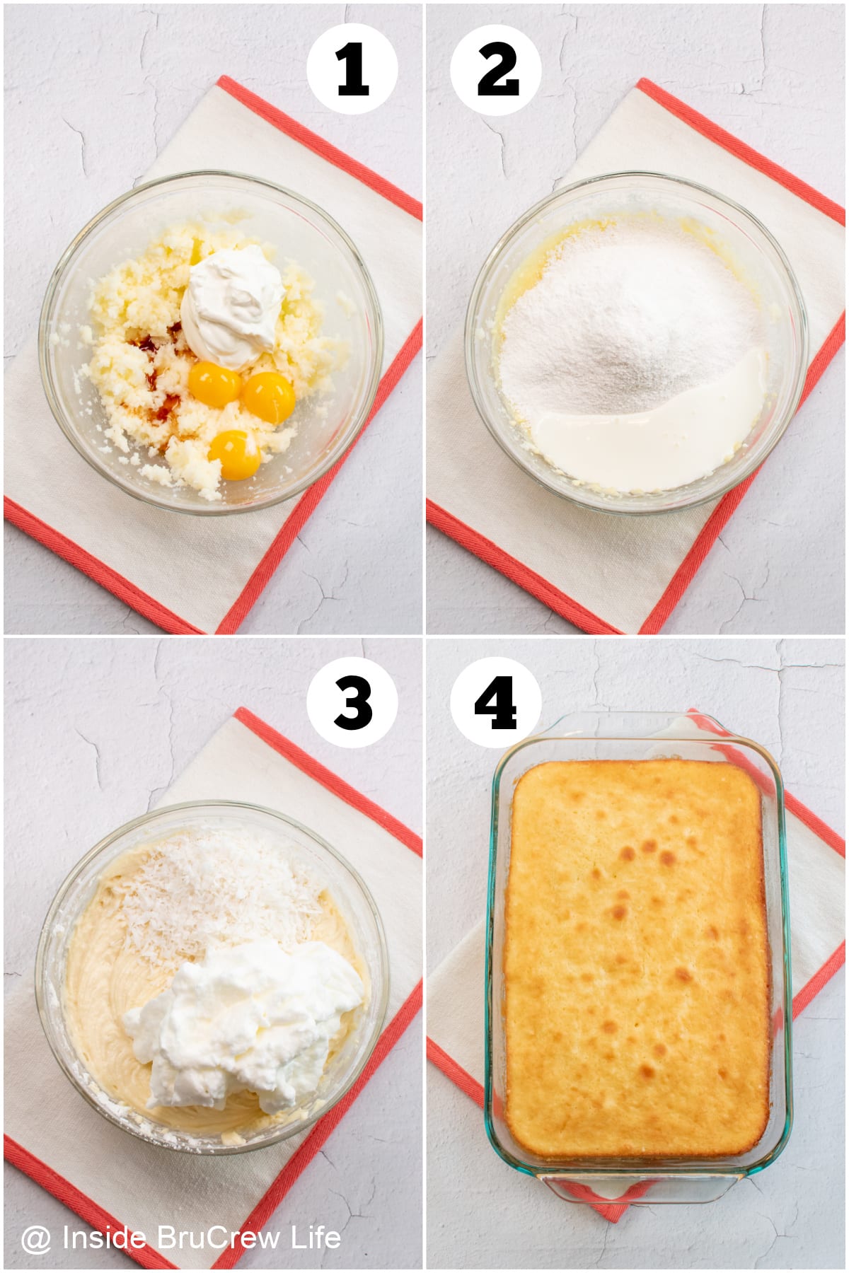 Four pictures collaged together showing how to make a homemade coconut cake.