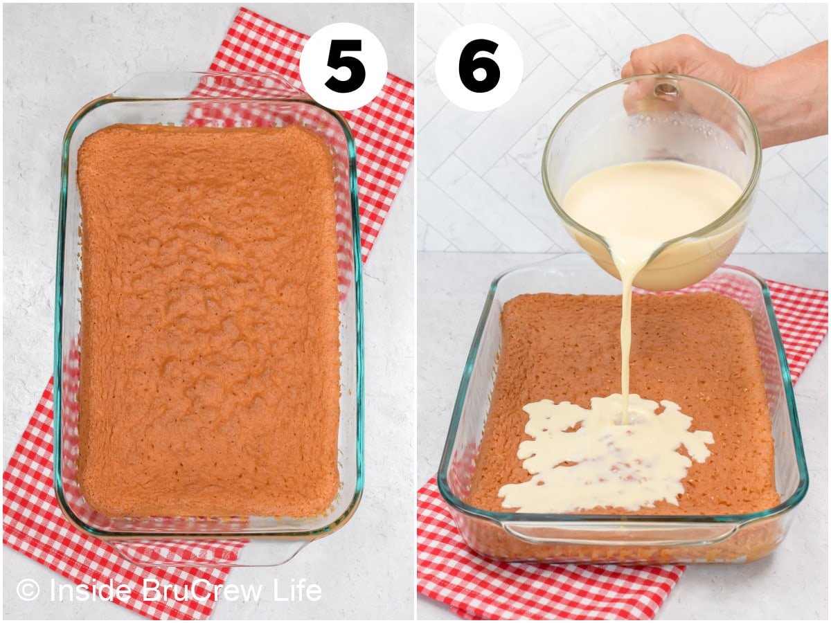 Two pictures collaged together showing how to pour milk on a cake.