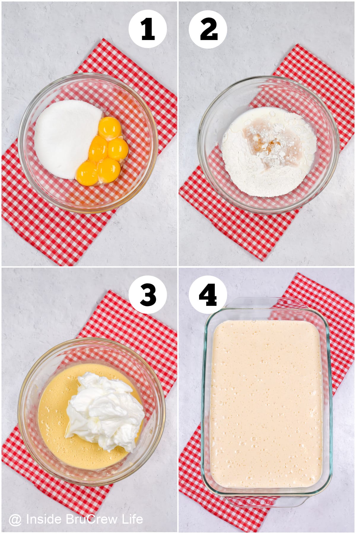 Four pictures collaged together showing how to make a sponge cake.