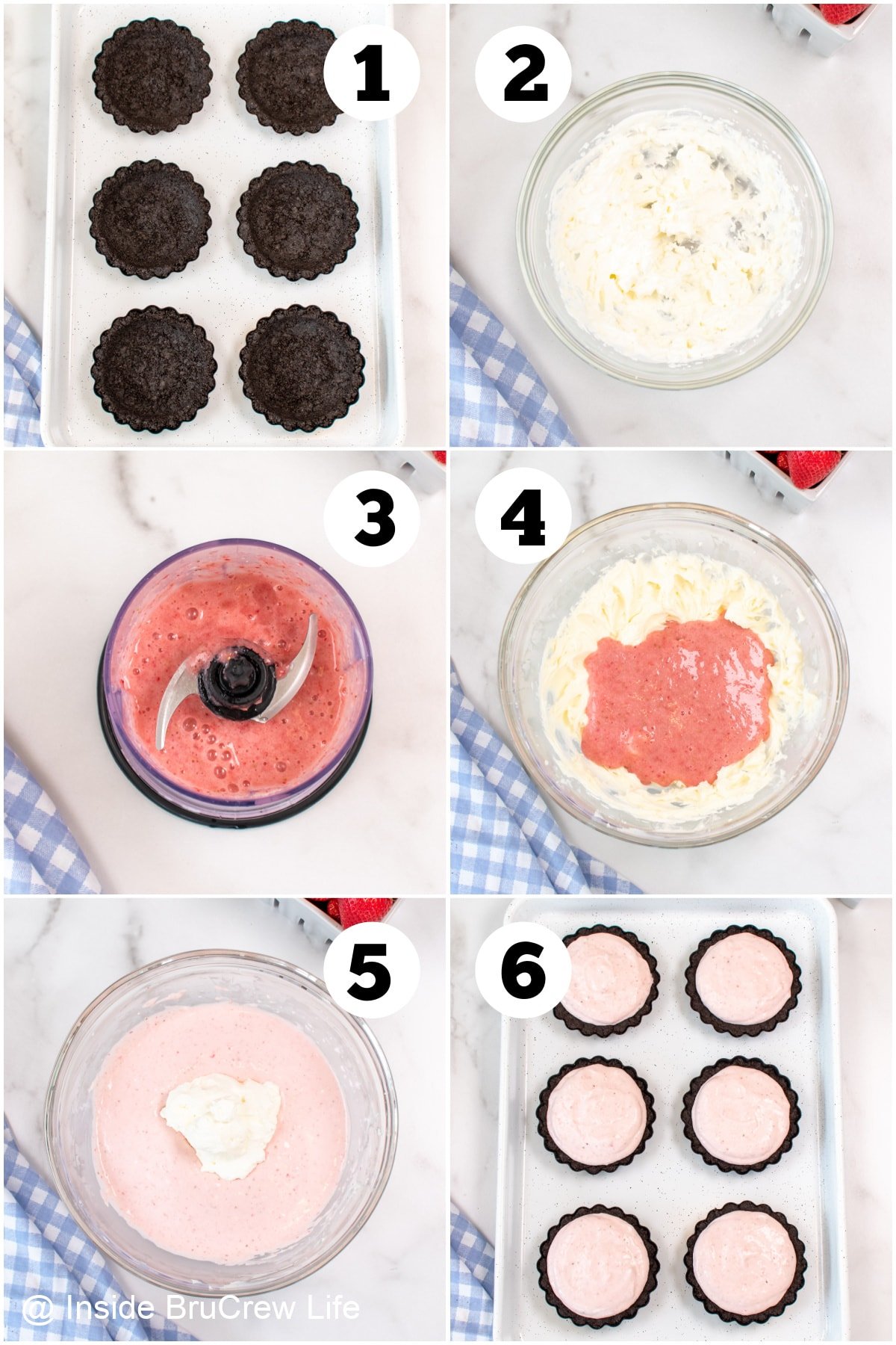 Six pictures collaged together showing how to make fluffy strawberry mousse tarts.