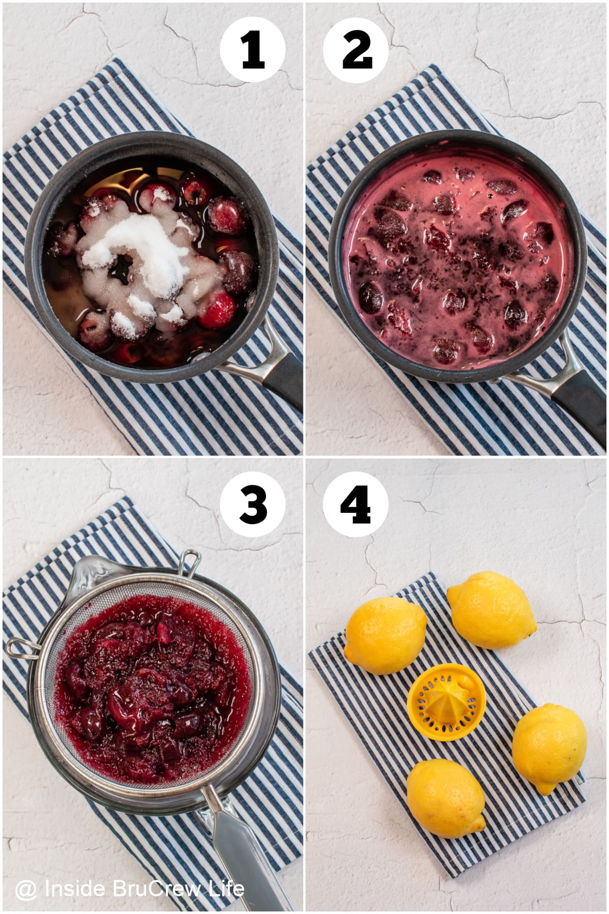 Four pictures collaged together showing how to make cherry and lemon juice.