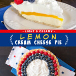 Two pictures of a lemon cream cheese pie with a blue text box.