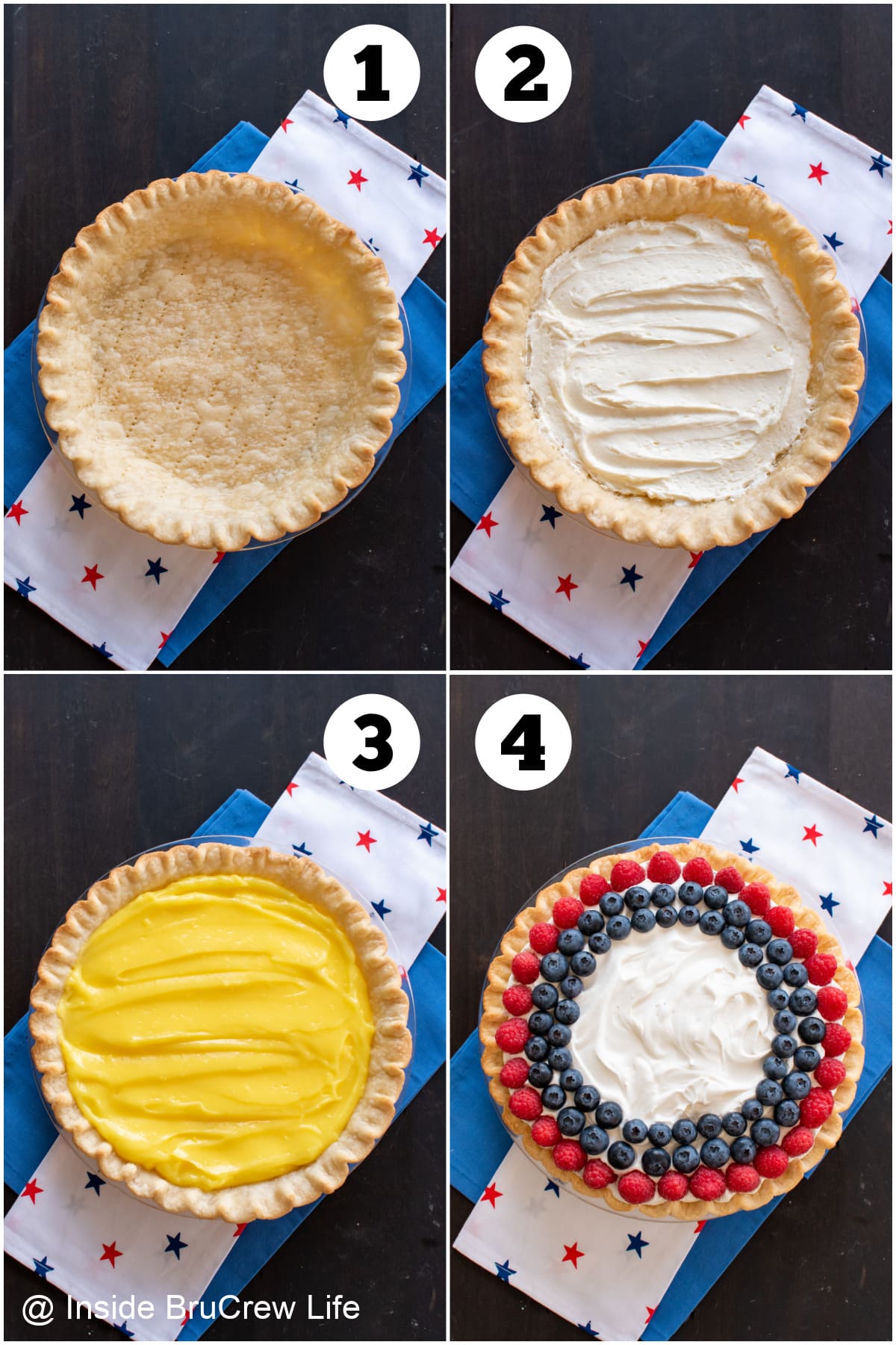 Four pictures collaged together showing how to fill a pie crust.