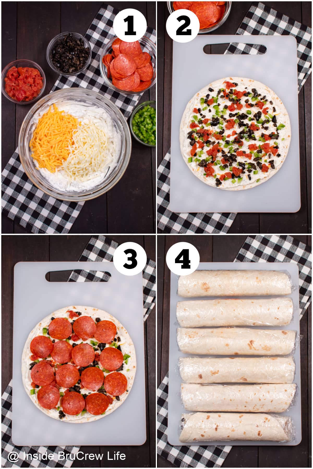 Four pictures collaged together showing how to make pizza roll ups.