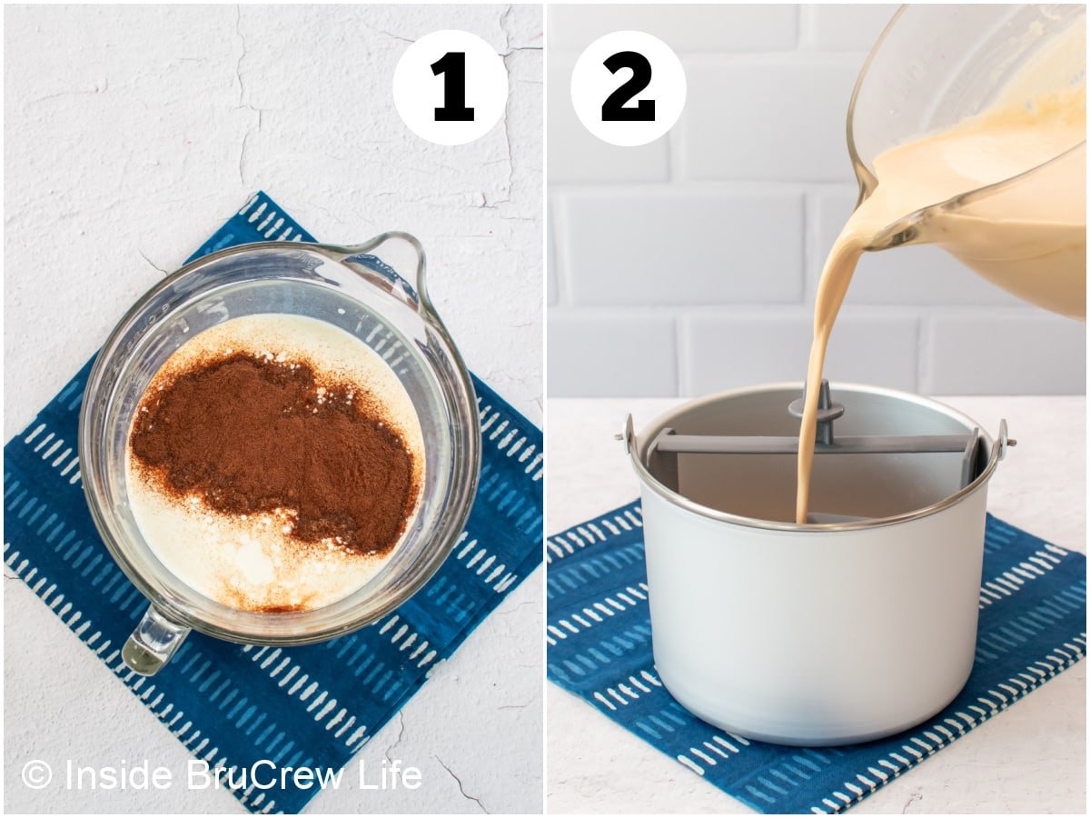 Two pictures collaged together showing how to make coffee ice cream.