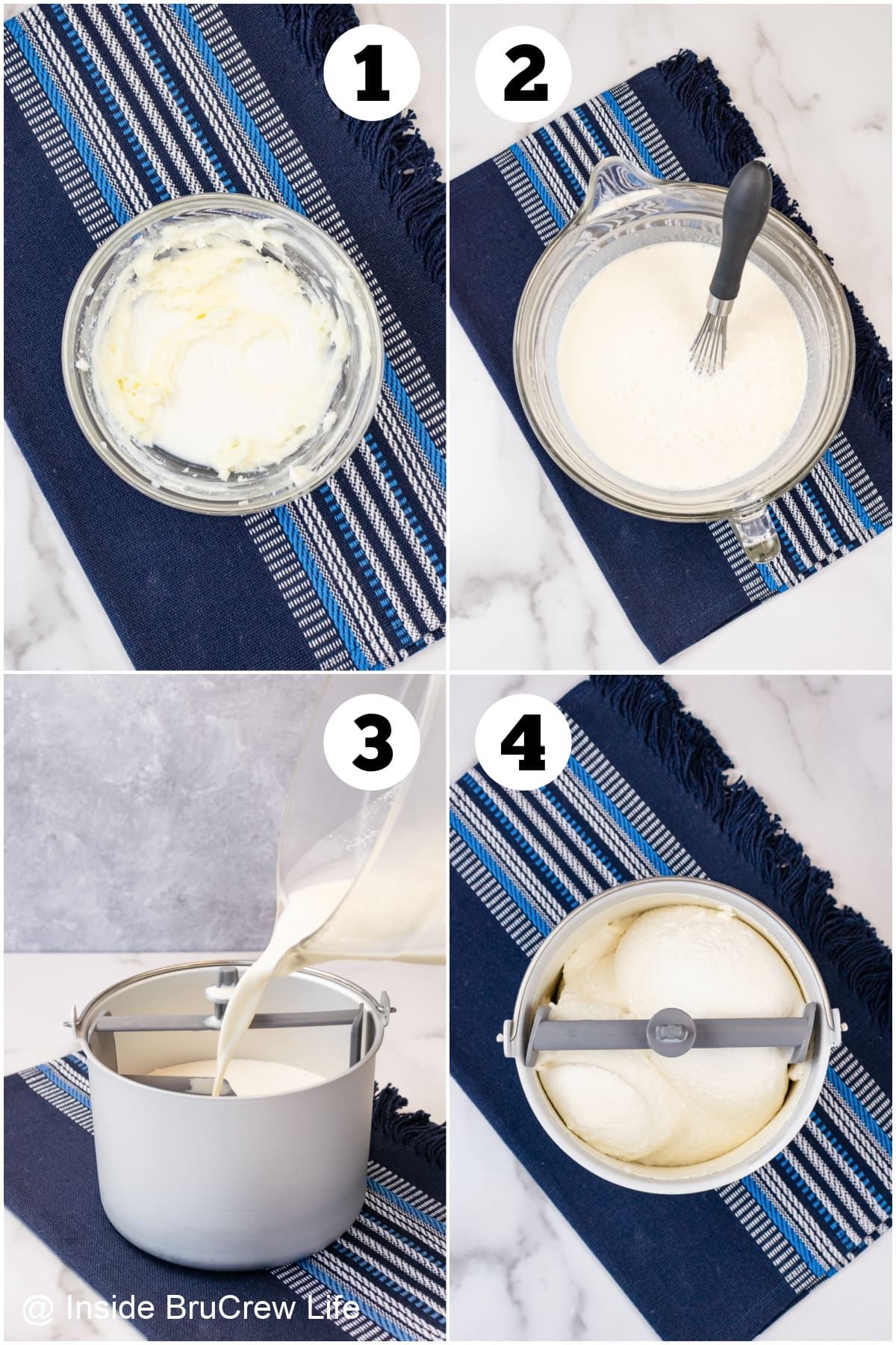 Four pictures collaged together showing how to make homemade ice cream.