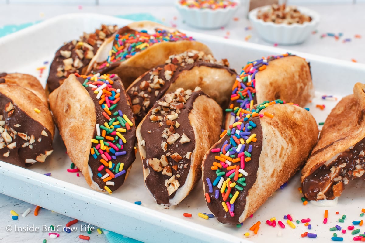 Crispy baked tortilla shells filled with ice cream.