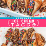 Two pictures of ice cream tacos collaged with a pink text box.